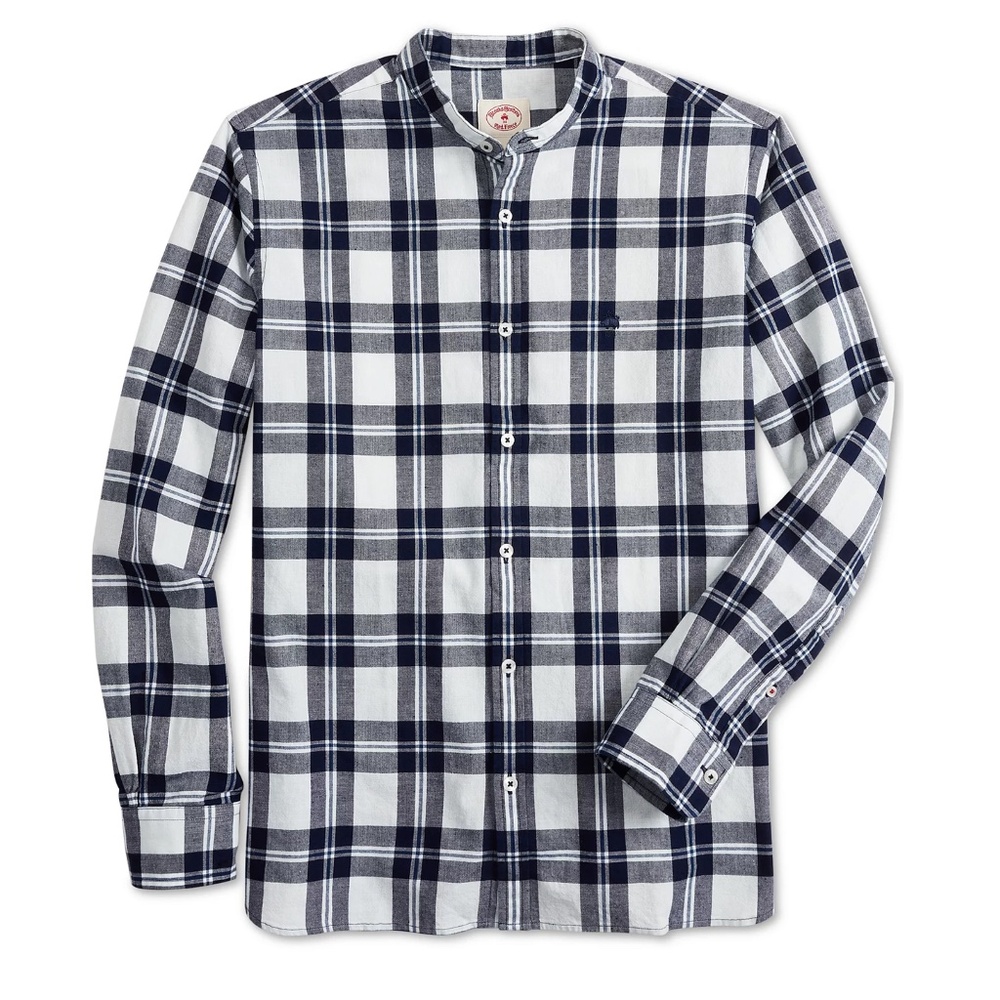 Brooks Brother's Men's Red Fleece Banded Collar Indigo Plaid Shirt